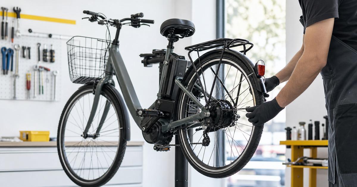 電動自転車の修理代を確認する自転車店の作業風景