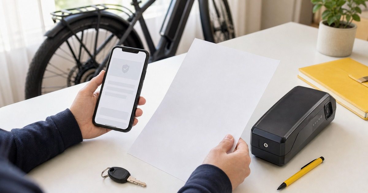 自転車保険義務化を確認するための保険書類とスマホとバッテリー