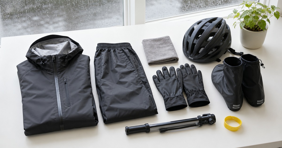 電動自転車通勤で使うレインウェアと雨具のイメージ