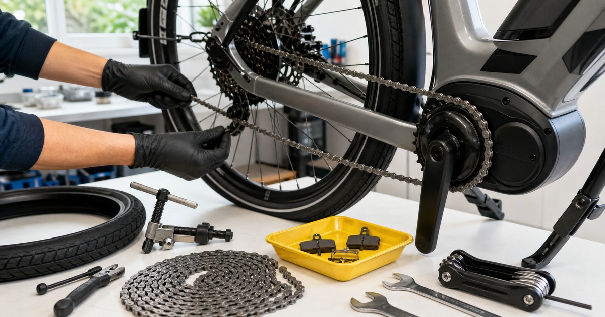 電動自転車のチェーンとブレーキ周りを整備する作業風景