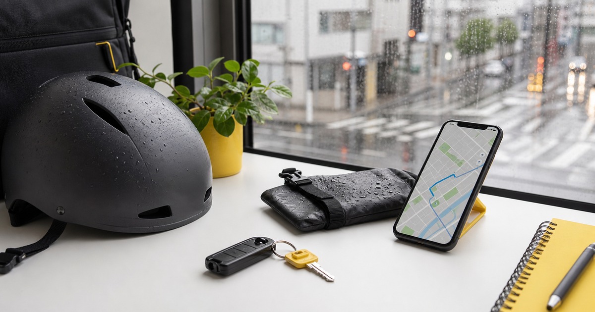 雨の日の電動自転車通勤前にルートを確認するイメージ