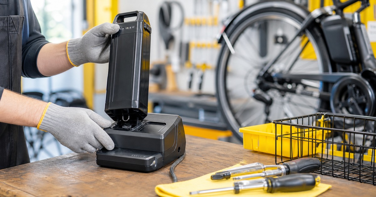 自転車店で電動自転車バッテリーと充電器を確認している様子