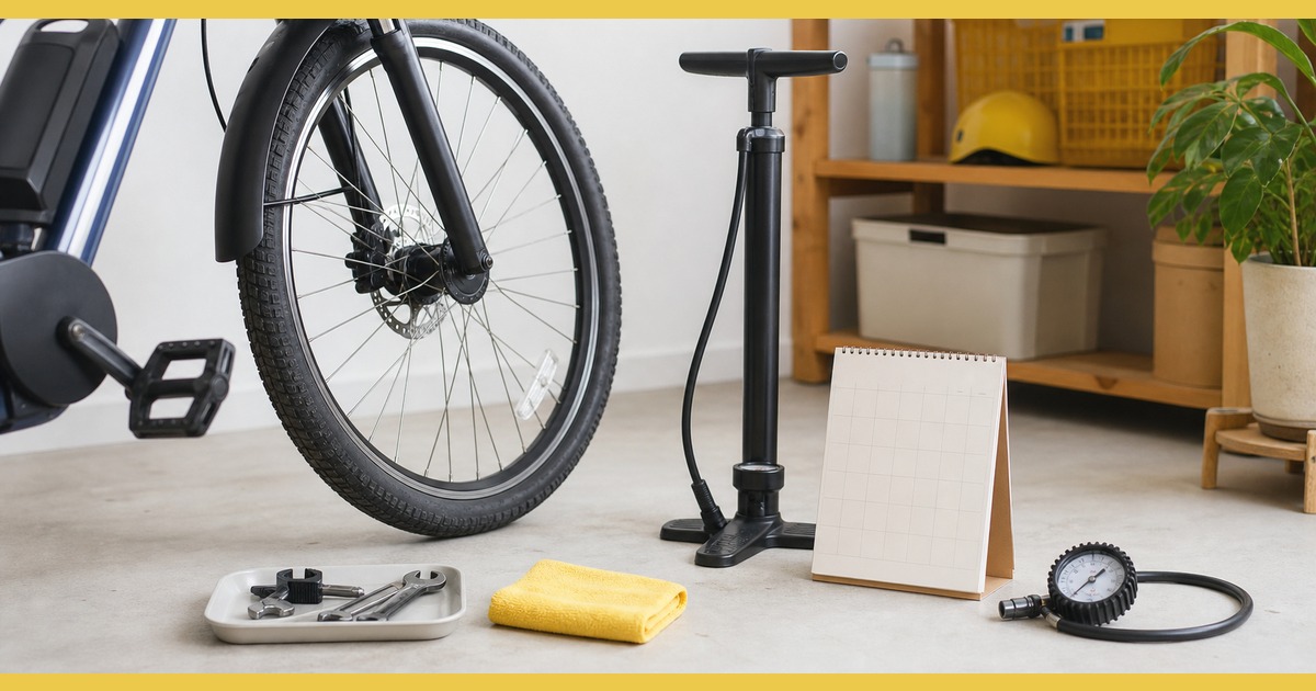 電動自転車のタイヤと空気入れとカレンダーを並べて管理する様子
