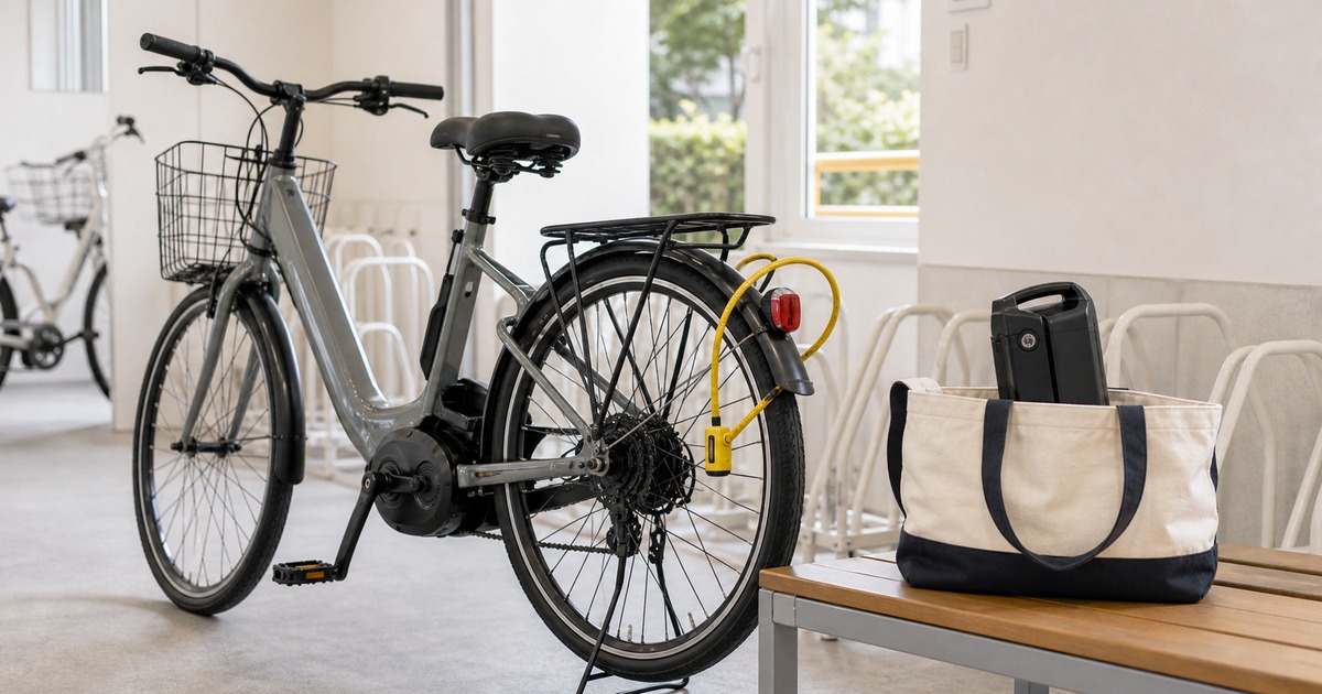 電動自転車バッテリーを外して保管する盗難対策イメージ