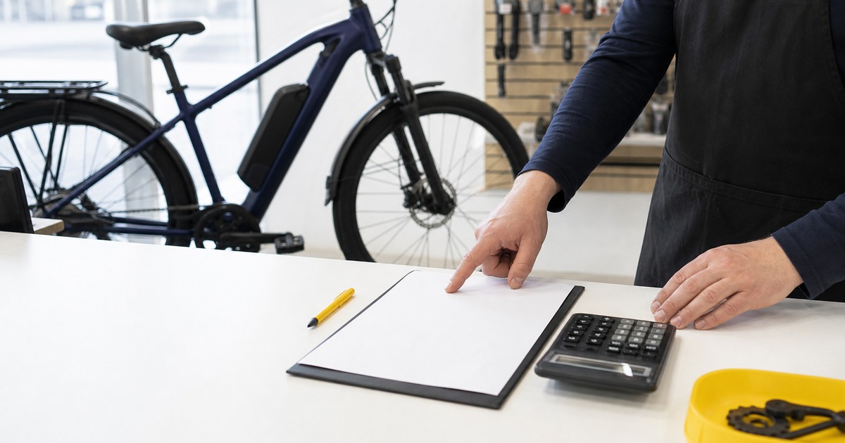 電動自転車の修理見積もりを確認する店頭風景