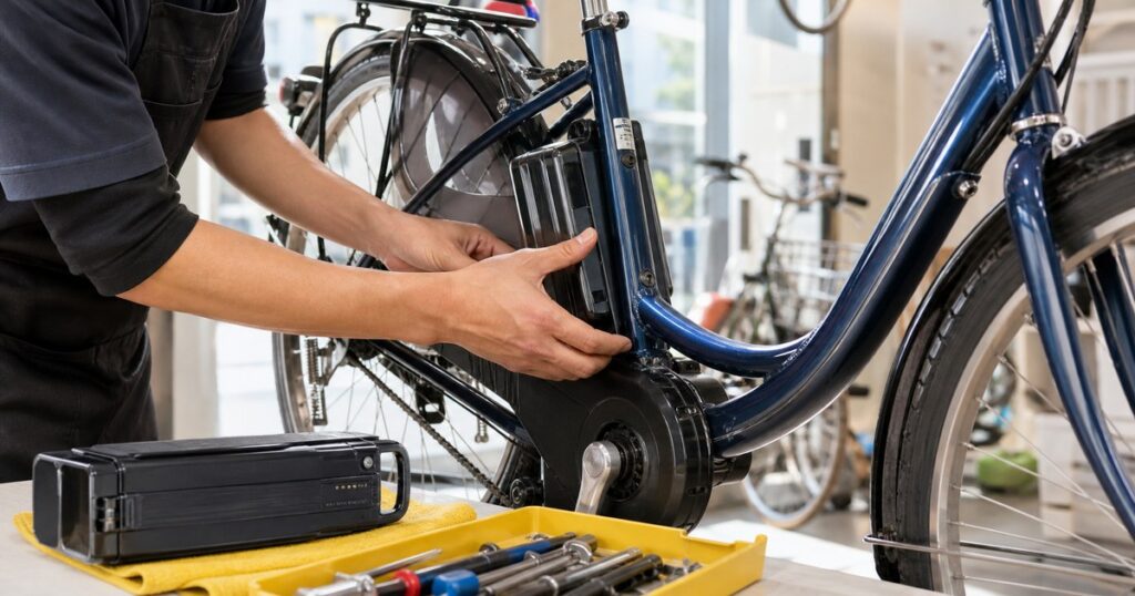 販売店で電動自転車のバッテリー周辺を点検している様子
