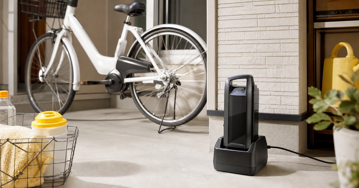 電動自転車のバッテリーを玄関で充電器に接続している様子