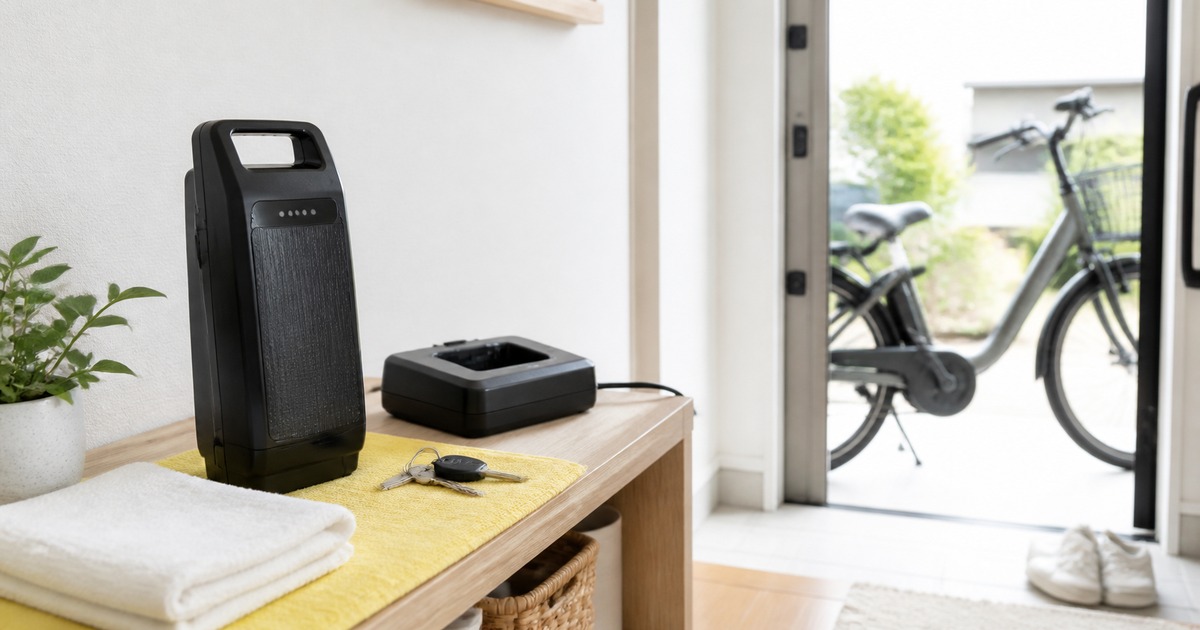 玄関で電動自転車バッテリーを保管し充電器を置いている様子