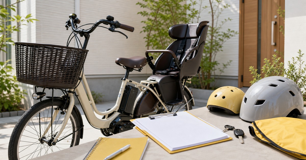 子供乗せ電動自転車とヘルメットと申請書類