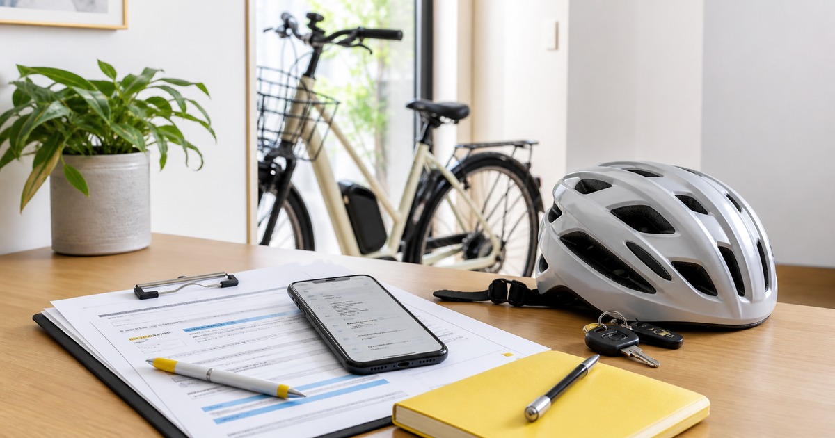 自転車保険義務化を確認する書類とスマートフォンとヘルメット