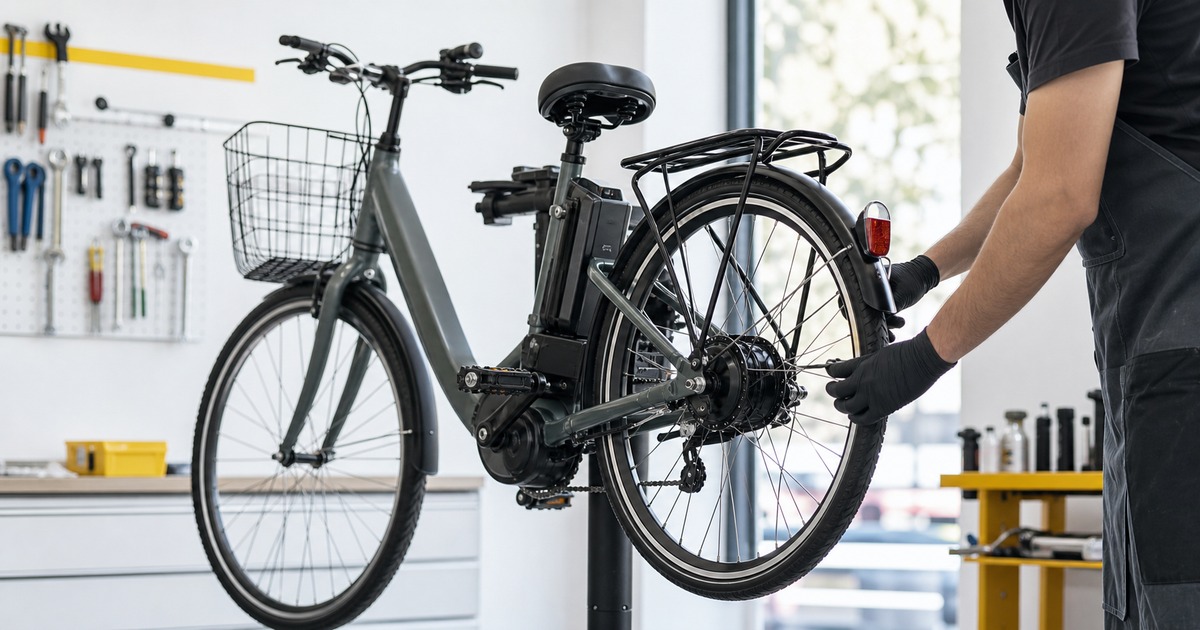 電動自転車の修理代を確認する自転車店の作業風景