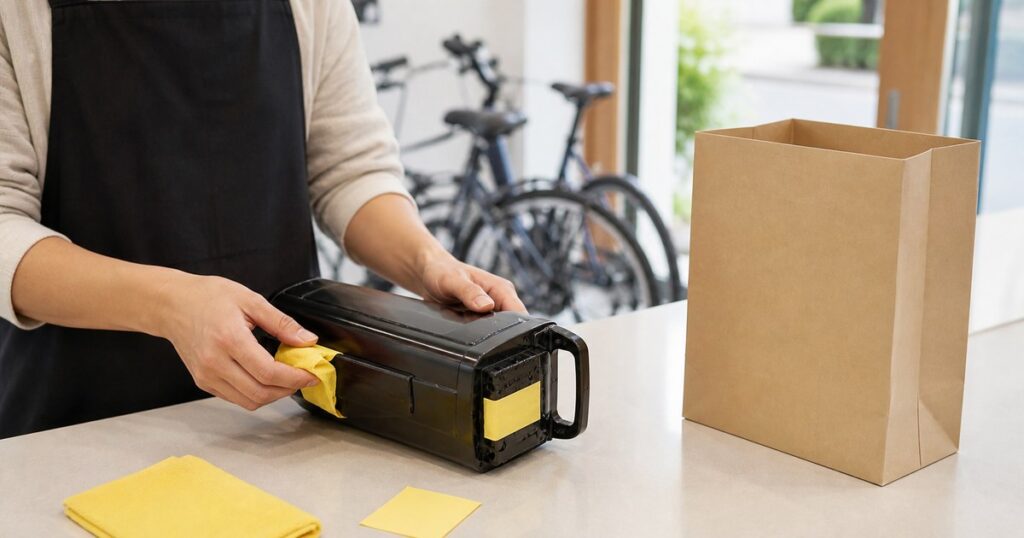 古い電動自転車バッテリーを安全に回収へ出す準備をしている様子