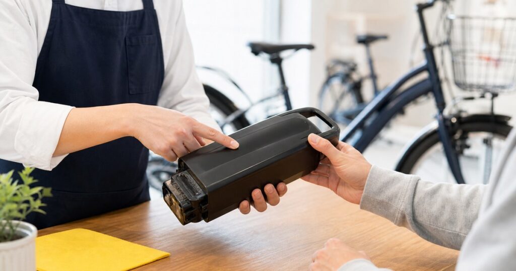 自転車店で電動自転車バッテリーの適合を確認している様子